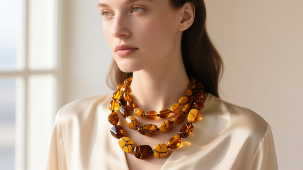 Close-up of a woman wearing a multi-strand Baltic cognac amber necklace with raw, unpolished beads against a cream silk blouse.