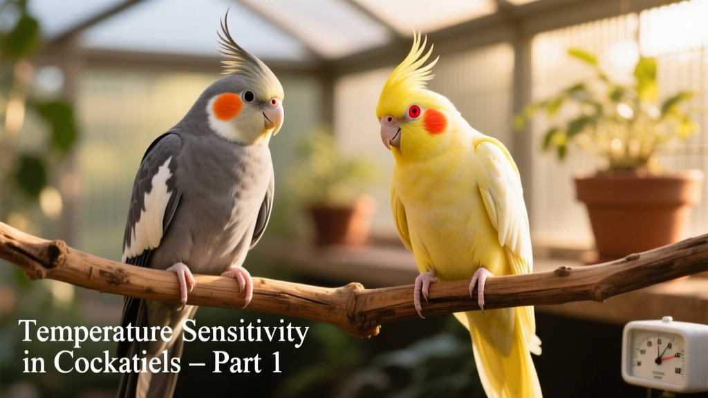 Side-by-side comparison showing a gray cockatiel and a lutino cockatiel resting on perches in gentle sunlight
