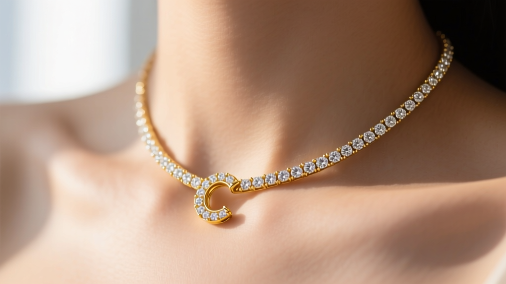 Close-up of a 14k yellow gold diamond C necklace on a collarbone, with micro-pave melee diamonds catching soft natural window light.