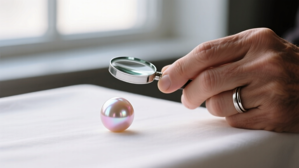 Macro shot of a 13mm Edison freshwater pearl showing subtle metallic pink overtones and clean surface beside a jeweler's loupe