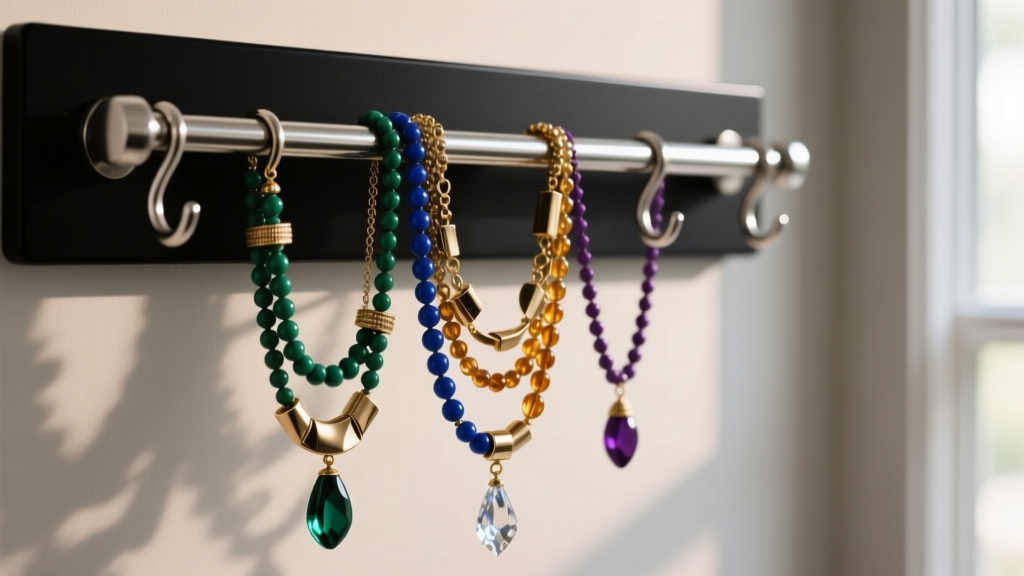 Close-up of a matte black wall-mounted rail with stainless steel S-hooks holding heavy layered pendant necklaces in soft light