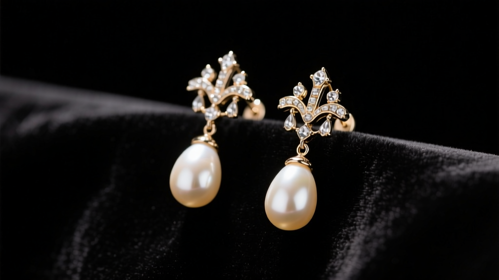 Vintage 1950s chandelier pearl drop earrings on black velvet, illuminated by soft cinematic studio lighting in close-up.