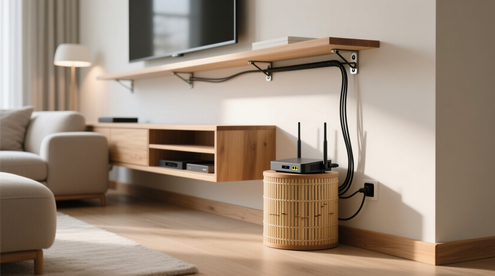 easy ways to hide router cords in a living room setup