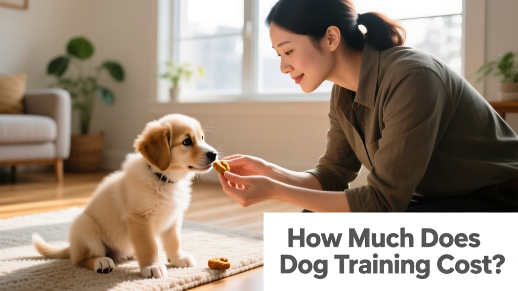 A dog trainer feeding a small puppy a treat during a positive reinforcement session
