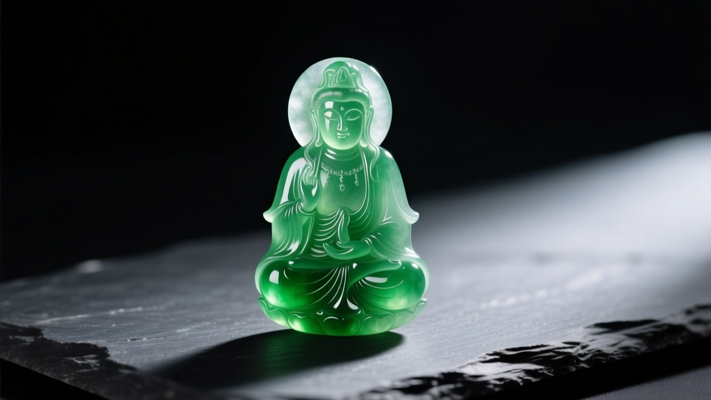 Translucent emerald-green Type A jadeite pendant carved as a Buddhist Guanyin figure, resting on a dark slate surface background