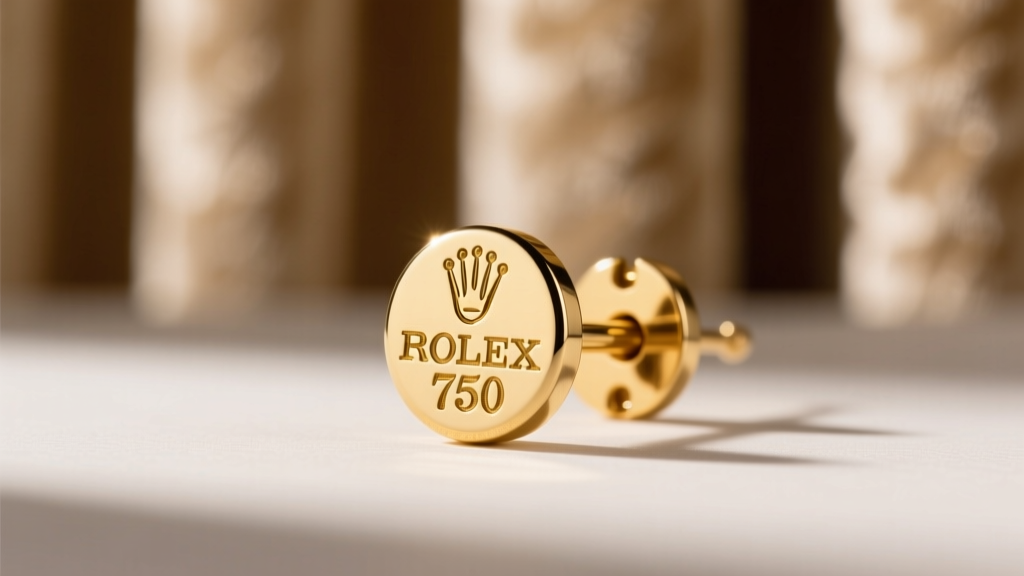 Macro shot of a vintage Rolex earring post showing the 750 gold hallmark stamp, captured against a softly blurred luxury backdrop