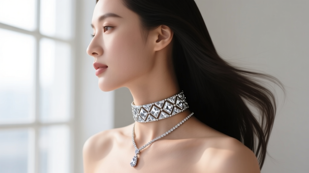 Side profile of a woman wearing a 12 inch diamond-cut Bebe choker and a longer pendant, showcasing the snug fit on the neckline