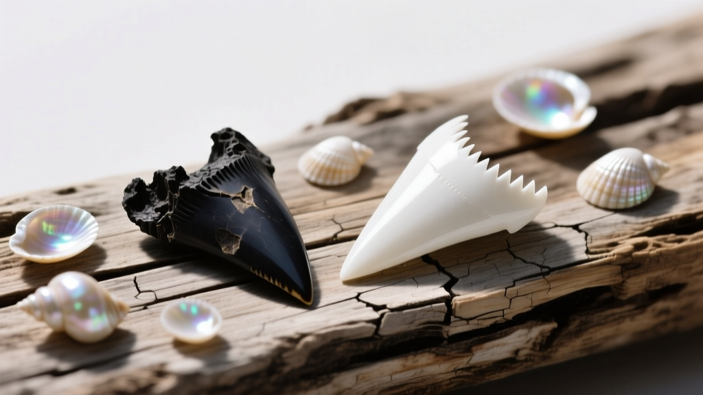 Flat lay of a dark fossilized shark tooth and a modern white mako tooth on weathered driftwood, surrounded by small cowrie shells.