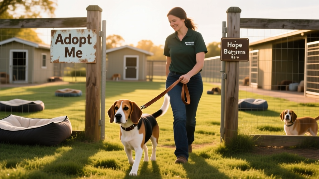 A volunteer gently walking a Beagle on a leash at a sunny, fenced outdoor area—a rescue facility setting