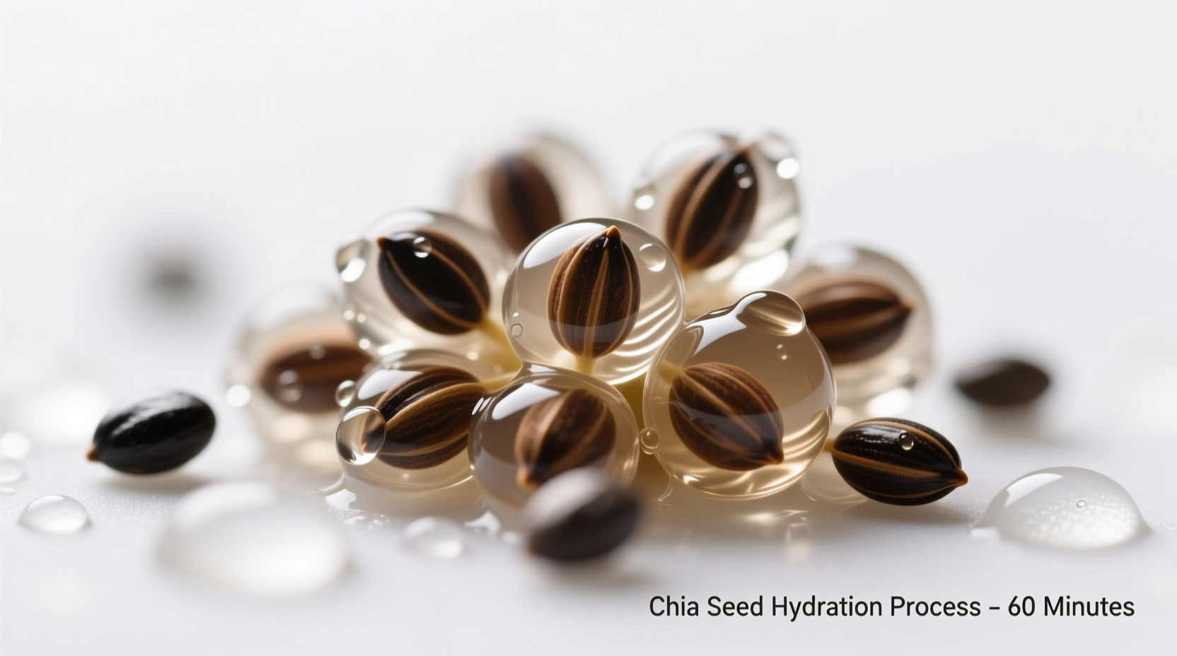 Chia seeds absorbing water and expanding