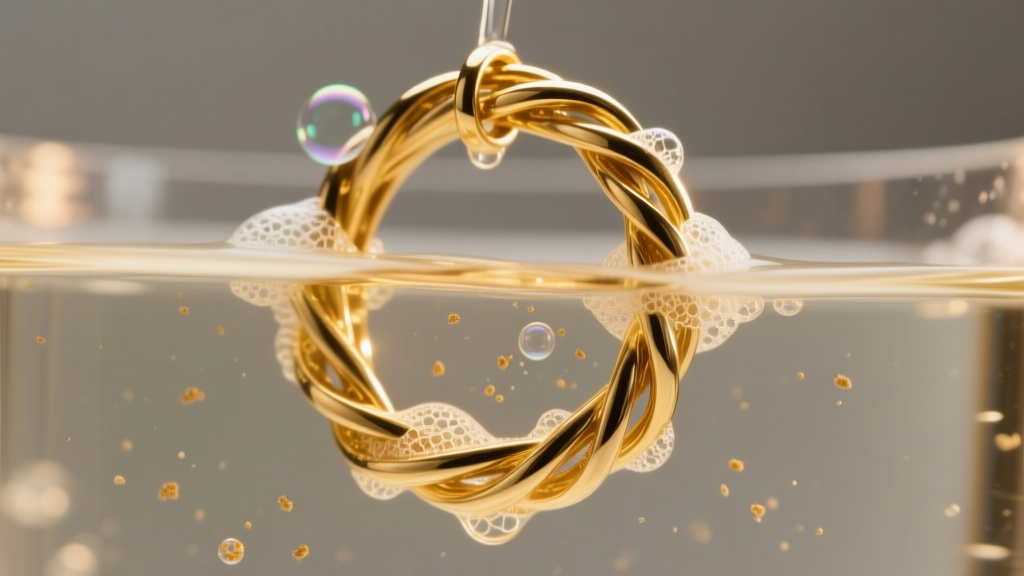 Ultrasonic bath cleaning a 14k gold twisted hoop in soapy water, showing grime lifting from wire grooves under warm studio lights.
