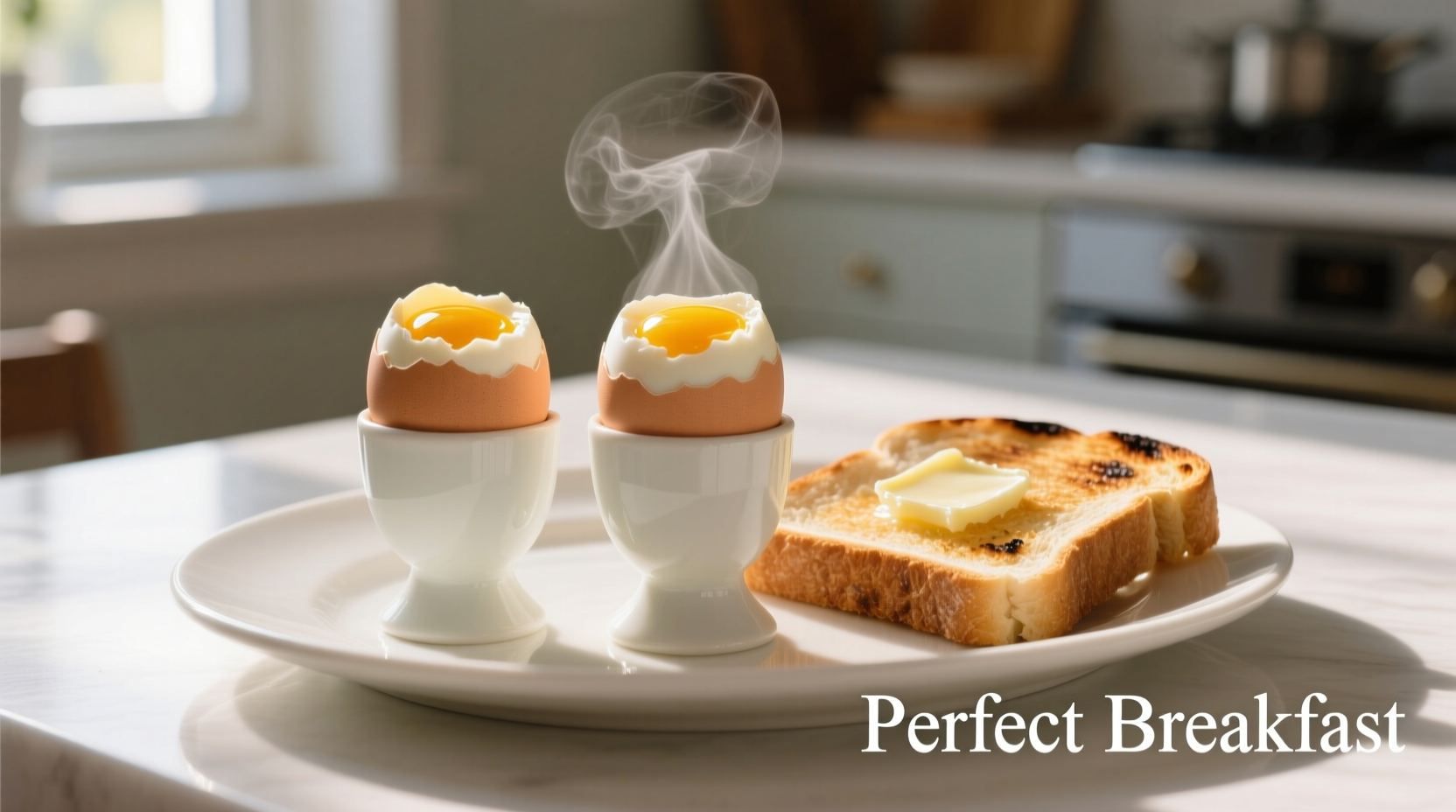 Perfect soft boiled eggs in egg cups with toast