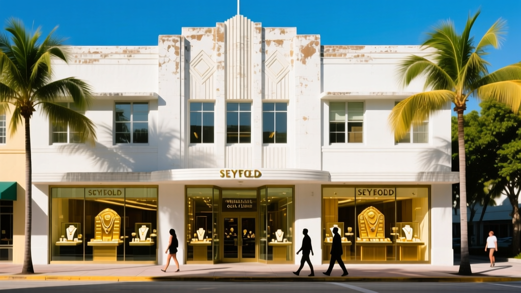 Historic Seybold Building in Miami with pedestrians passing glass storefronts of wholesale gold dealers on a sunny afternoon.