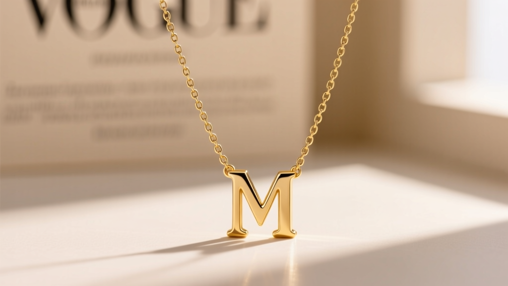 A 1.2mm 14k gold box chain threading through the bail of a polished gold M initial necklace against a softly blurred background.