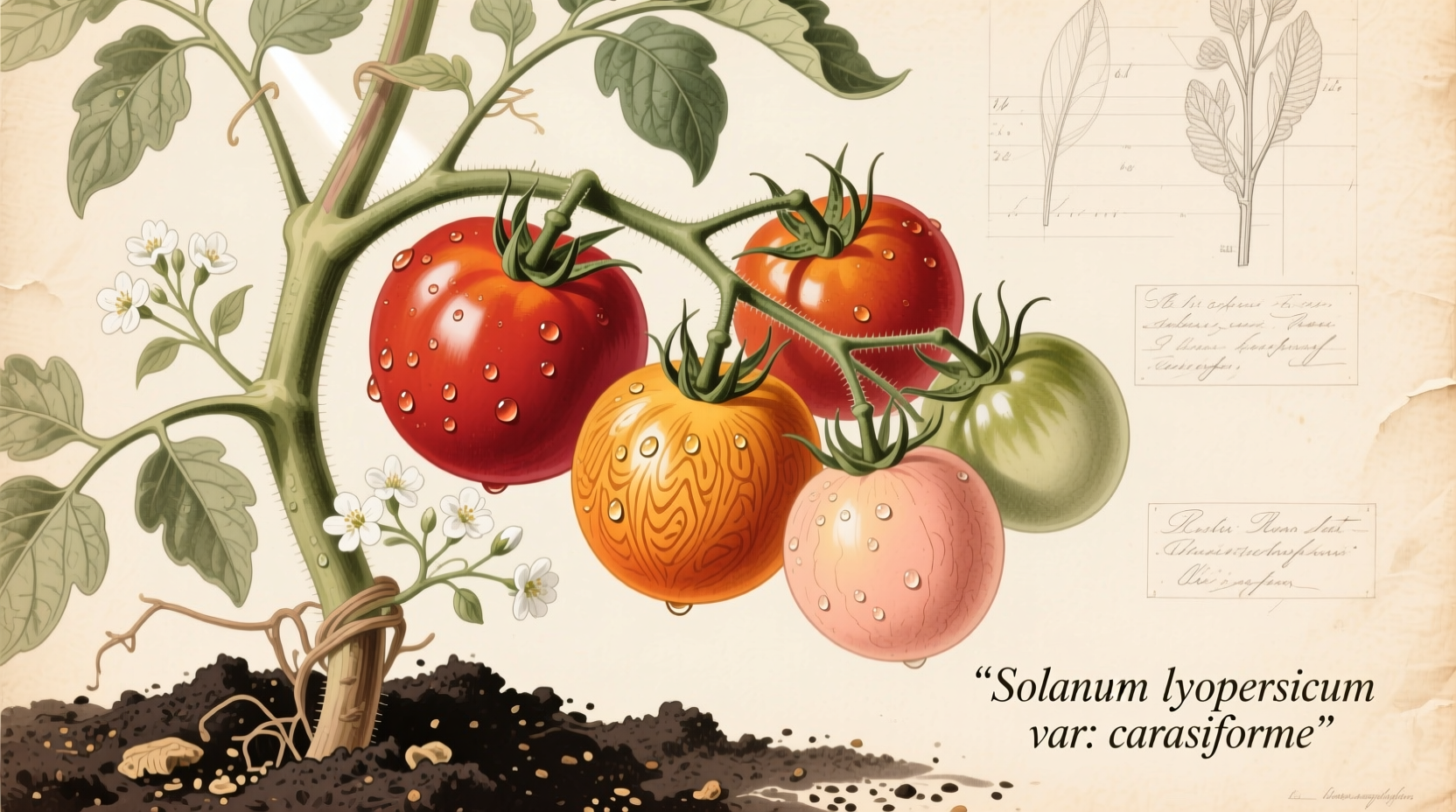 Heirloom cherry tomato varieties on vine with soil