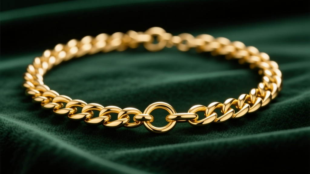 Macro shot of an 18k yellow gold wheat chain necklace with a spring ring clasp on dark green velvet under soft studio lighting