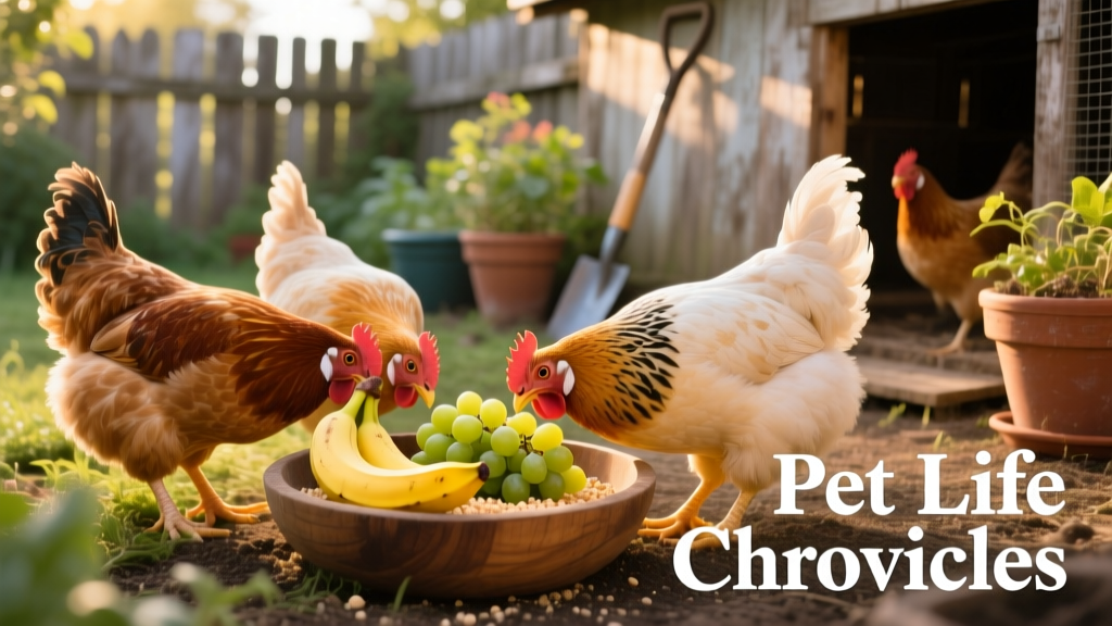 A backyard chicken coop with hens pecking near a bowl of sliced bananas and grapes