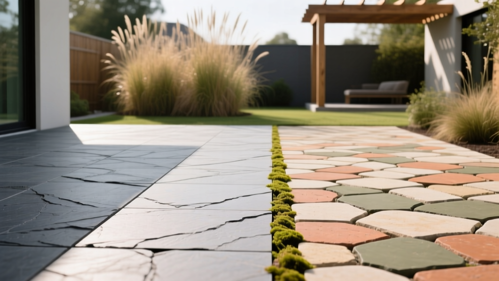 Backyard split-view showing a slate-pattern stamped concrete patio on the left and interlocking cobblestone concrete pavers on the right