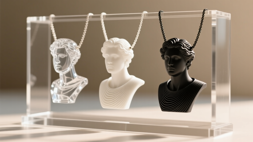Close-up of 3D printed necklace busts in clear resin, white PLA, and black PETG, showing surface textures and layer lines