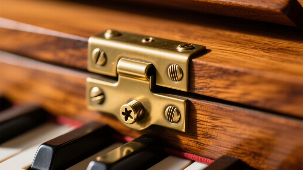 Macro shot of a brass piano hinge on a wooden jewelry box lid, showing precise brass screws and a waxed wooden edge, sharp focus.