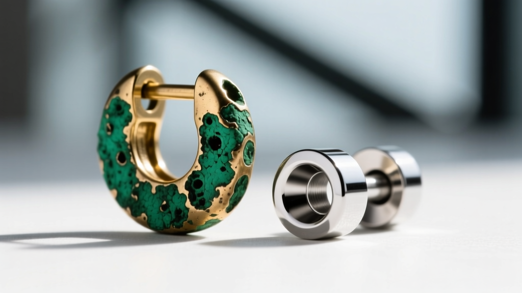 Macro of tarnished brass earring back with green oxidation beside a polished implant-grade titanium threadless jewelry end.