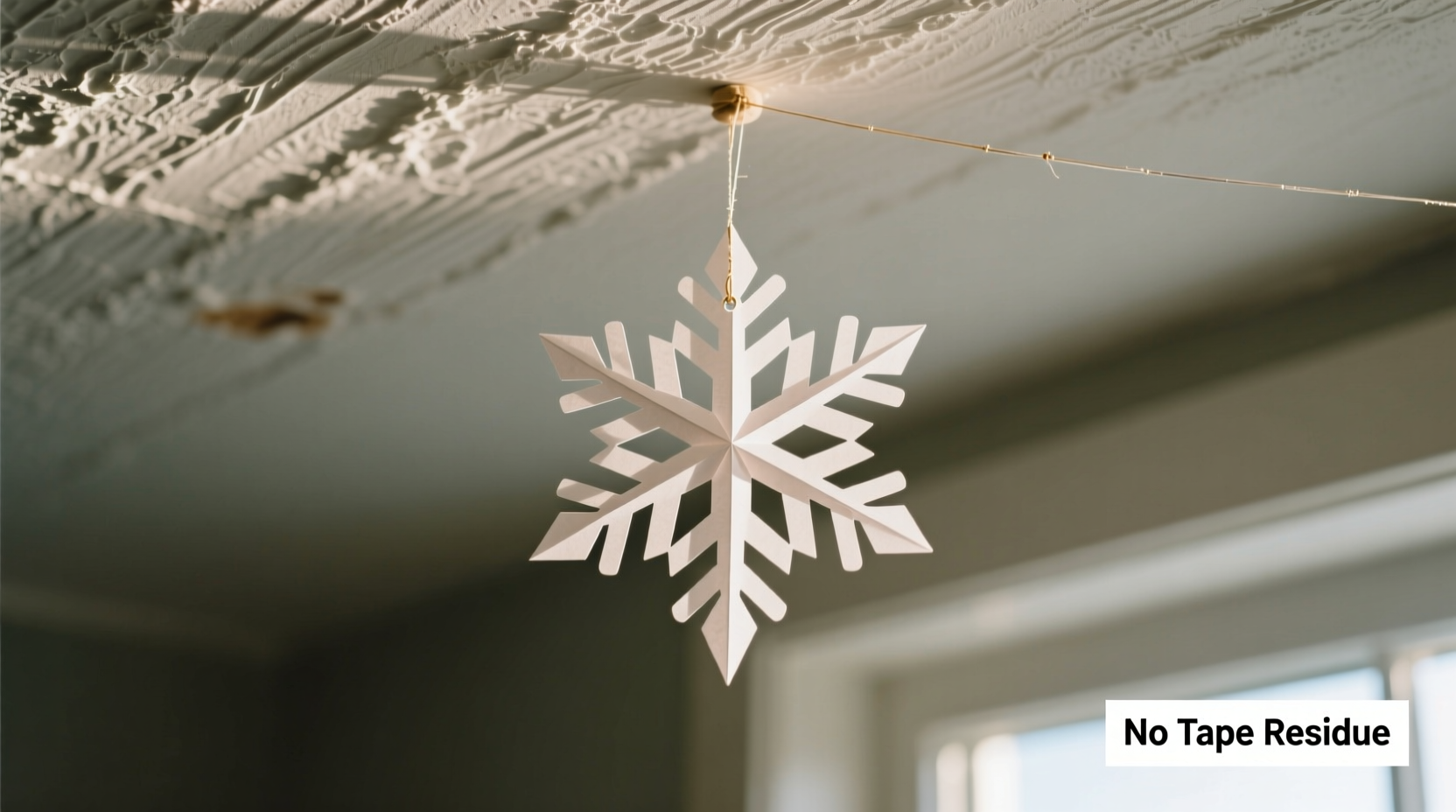 how to hang delicate paper snowflakes on textured ceilings without tape residue