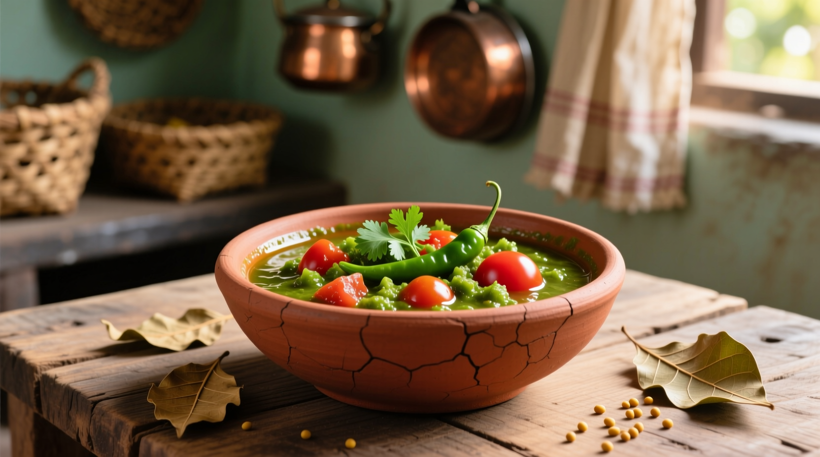 Homemade unripe tomato chutney in traditional clay bowl