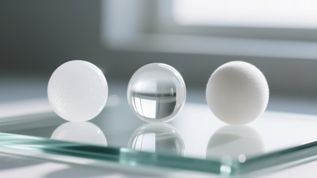 Macro shot of three white polymer beads: opaque acrylic, glossy resin, and matte nylon, arranged side-by-side on clear glass.