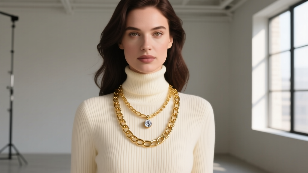 Elegant woman in cream ribbed turtleneck sweater layered with a 22-inch 18k gold paperclip chain and smooth bezel-set pendant.