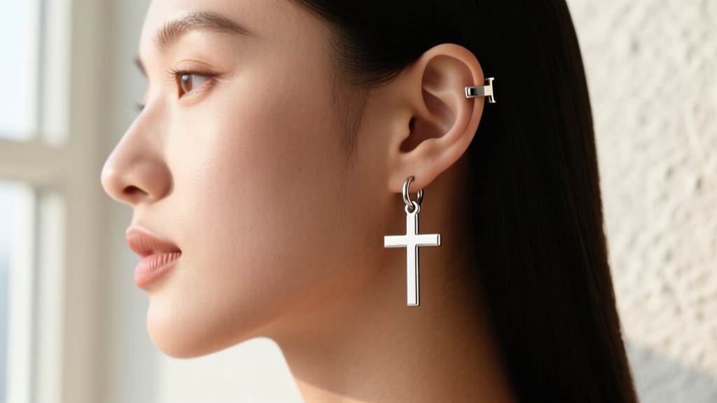 Side profile showing a minimalist silver cross huggie earring on upper cartilage, highlighting the secure hinged clicker closure
