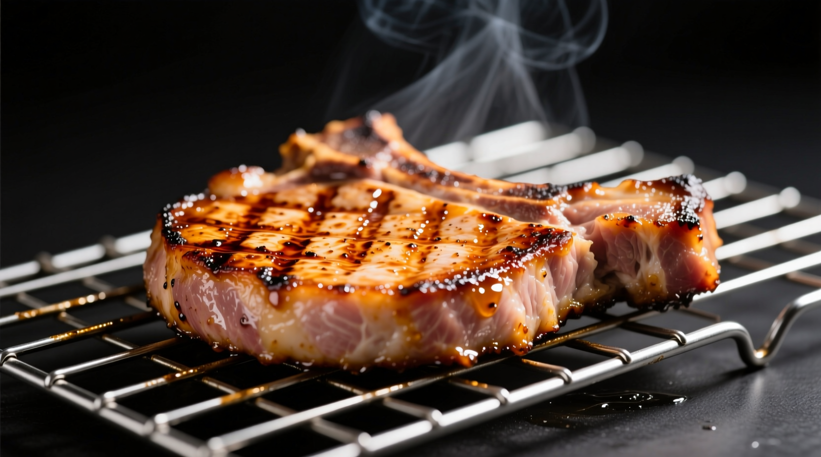 Perfectly seared pork chops on wire rack