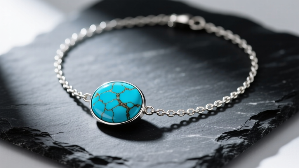 Close-up of a sterling silver turquoise lariat necklace on dark slate, highlighting the porous blue stone and delicate chain.