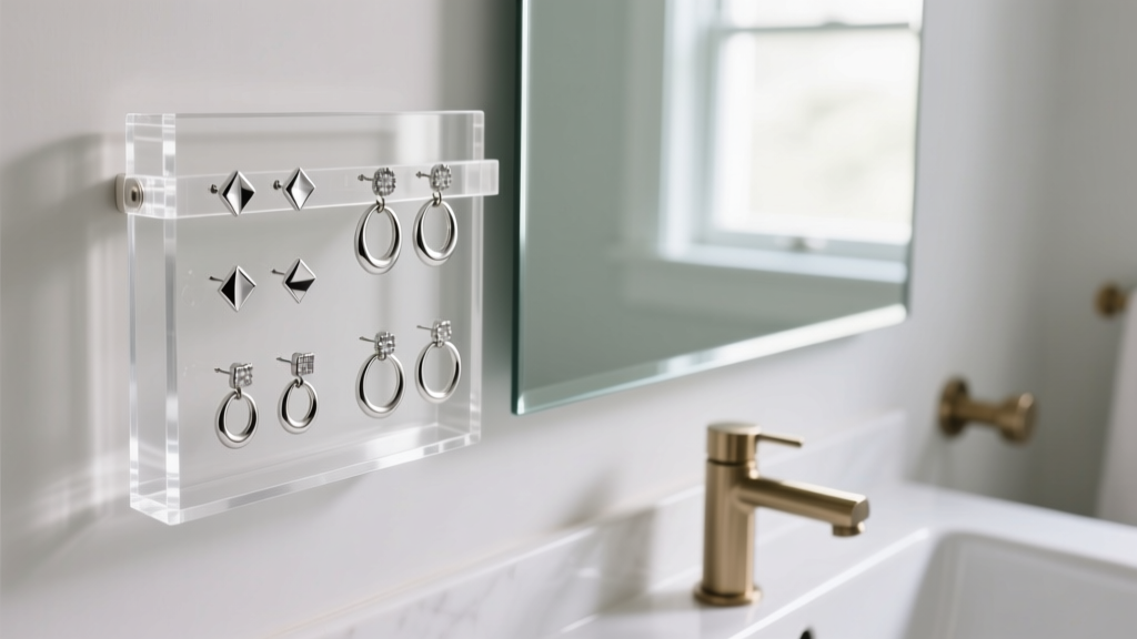 Clear acrylic wall hanging earring holder displaying silver stud earrings and small huggie hoops against a bright bathroom mirror.