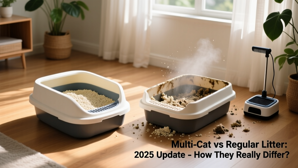 A clean, well-maintained litter box filled with multi-cat litter, next to a visibly soiled box using regular litter