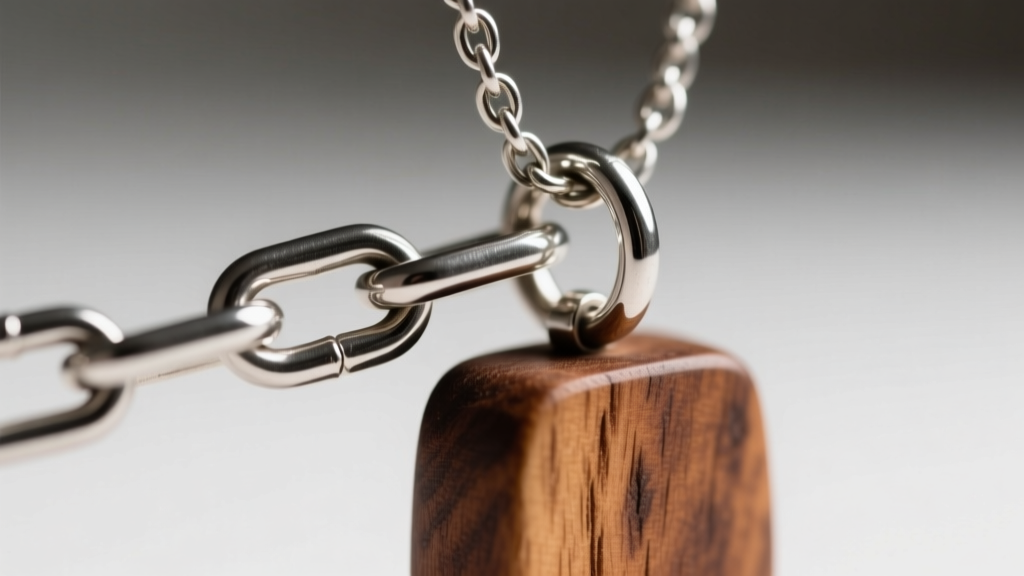 Macro shot of a hollow aluminum chain attached to a brown wooden pendant, displaying a lightweight jump ring connection mechanism.