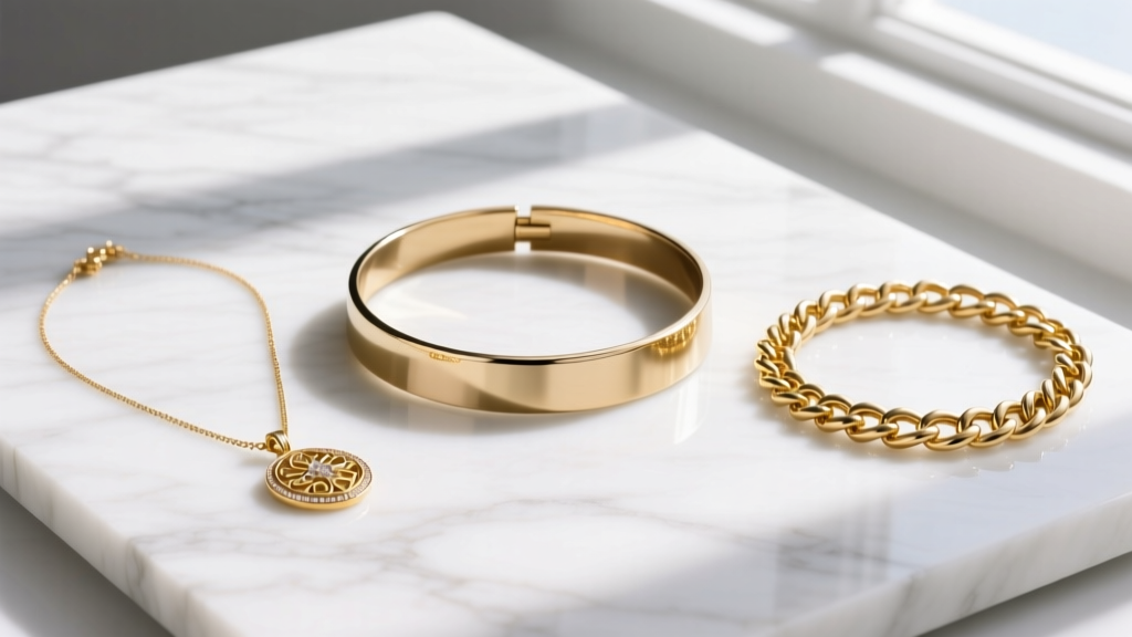 Flat lay of three 14-inch necklaces: a brass flash-plated choker, gold vermeil piece, and solid 14k gold chain on white marble.