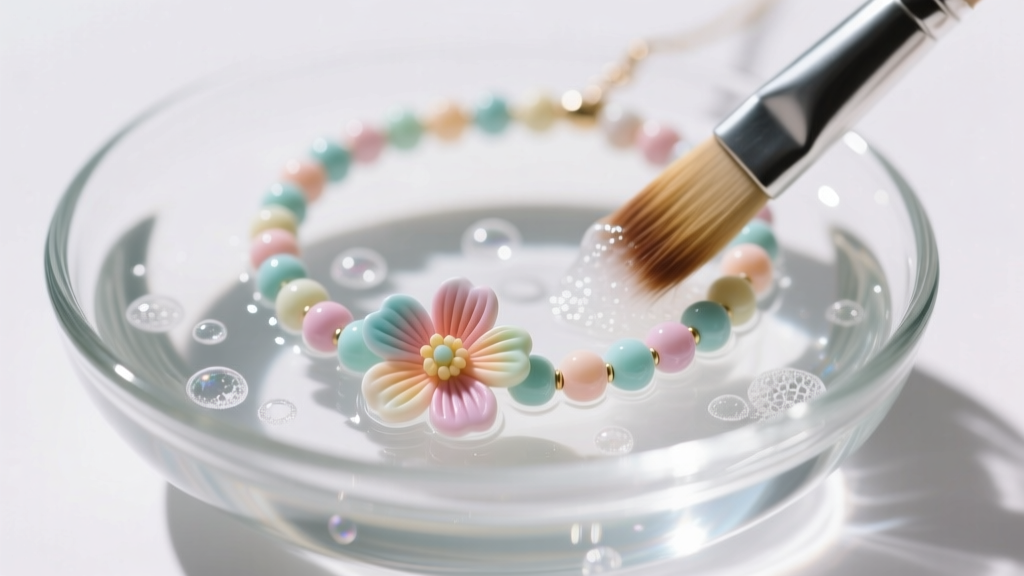 Soft brush gently cleaning a delicate polymer clay flower bead necklace over a shallow glass bowl of distilled water and mild soap
