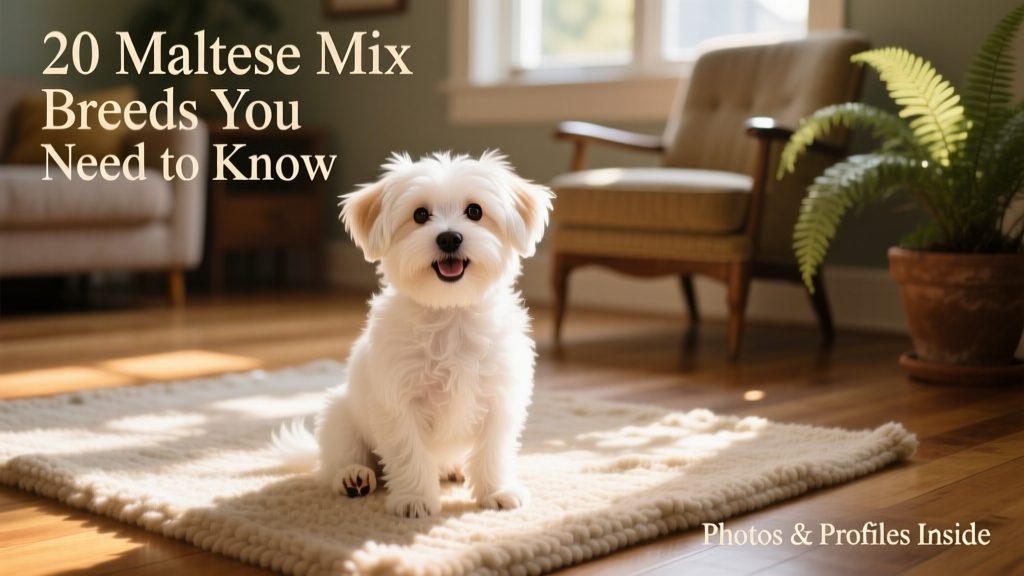 A happy Maltese mix puppy sitting on a sunlit rug, showing soft white fur and expressive eyes