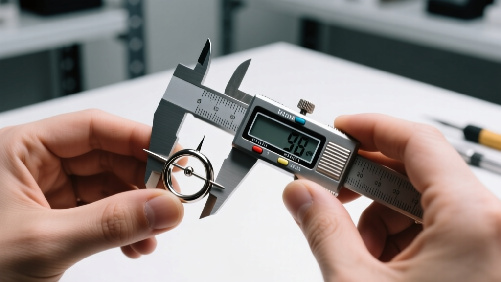 Close-up of a professional piercer using digital calipers to measure the inner diameter of a titanium septum clicker ring