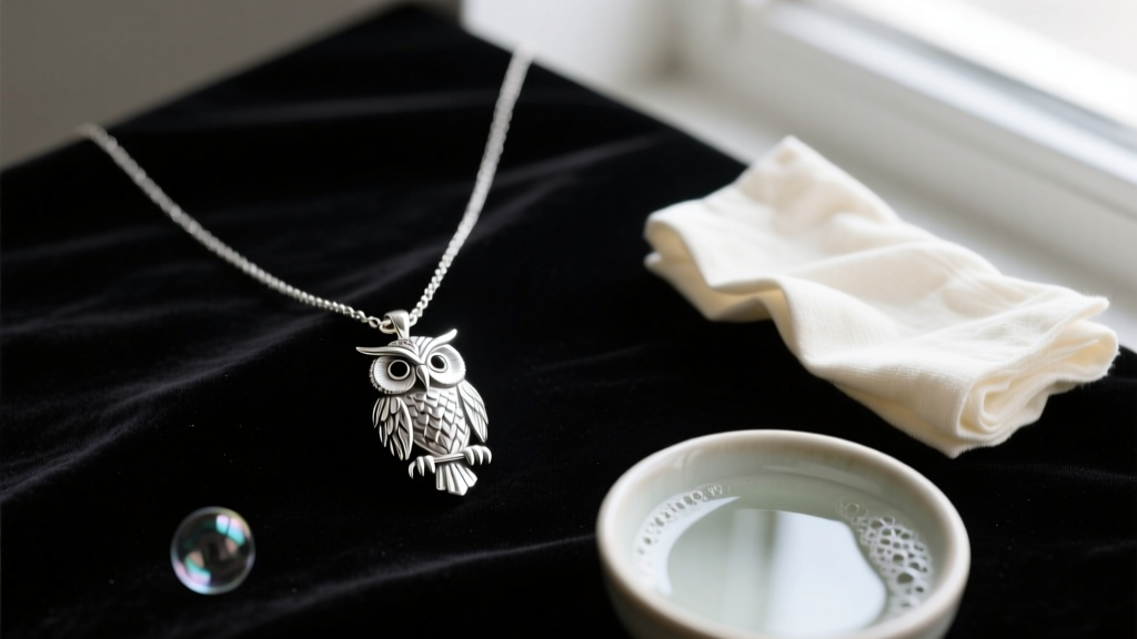 Sterling silver owl pendant necklace on dark velvet, beside a soft polishing cloth and a small bowl of mild soapy water.