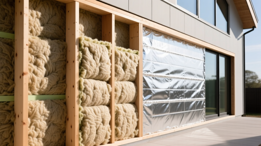 Cross-section of wood-framed wall showing dense mineral wool batts between studs and foil-faced polyiso continuous insulation board.
