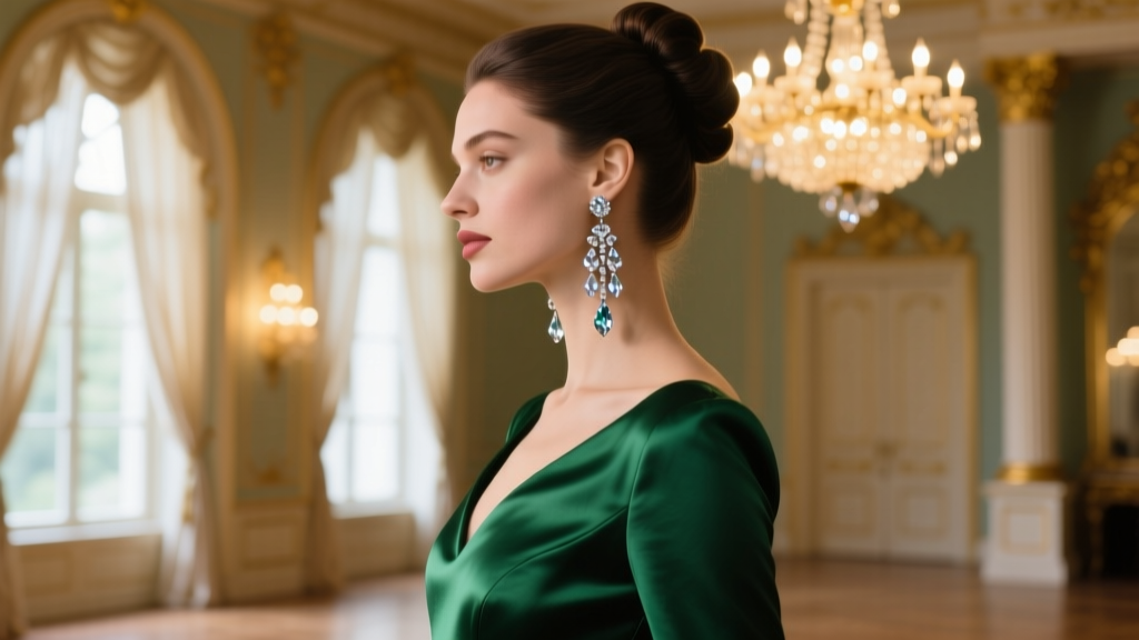 Side profile of a woman with an updo showing long crystal Rapunzel drop earrings grazing her shoulder at a formal evening gala