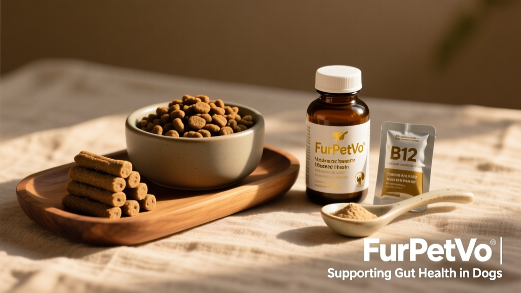 A curated selection of vet-recommended IBD-support products: hydrolyzed protein kibble, probiotic chews, B12 supplement, and fiber powder—all branded with FurPetVo packaging