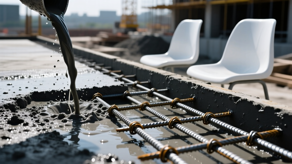 Wet concrete slab pour showing macro-synthetic fibers protruding from the surface next to a tied steel rebar grid on plastic chairs.