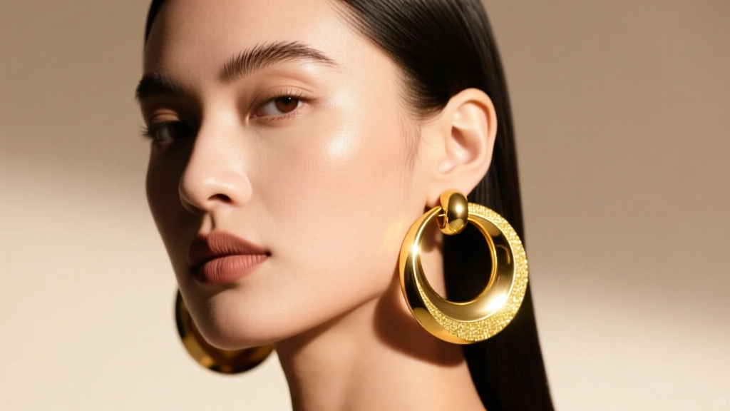 Model wearing 60mm 14k yellow gold large circle earrings, studio lighting highlighting polished metal texture and jawline.