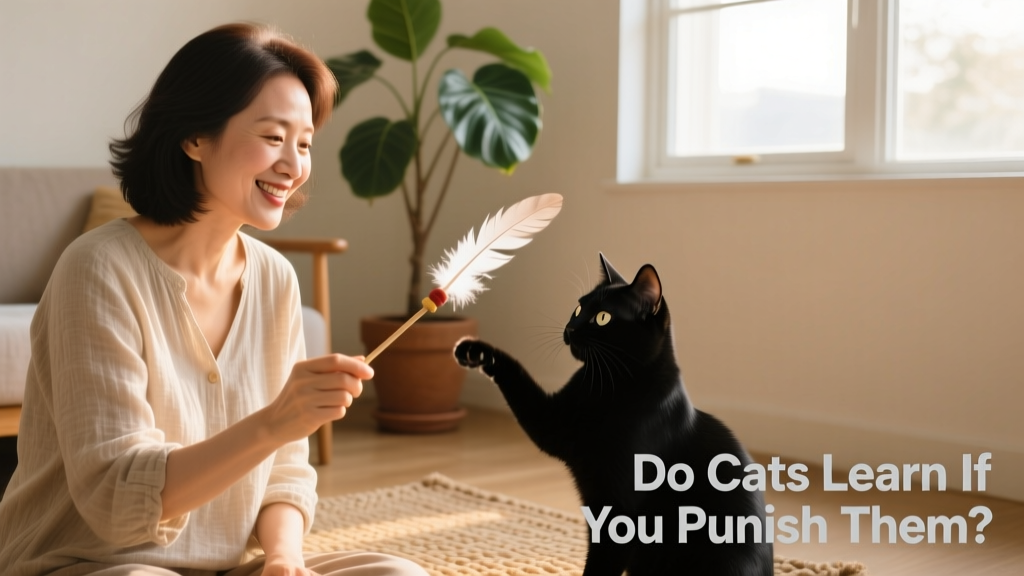 A person gently playing with a cat using a feather wand toy, both appearing relaxed and engaged