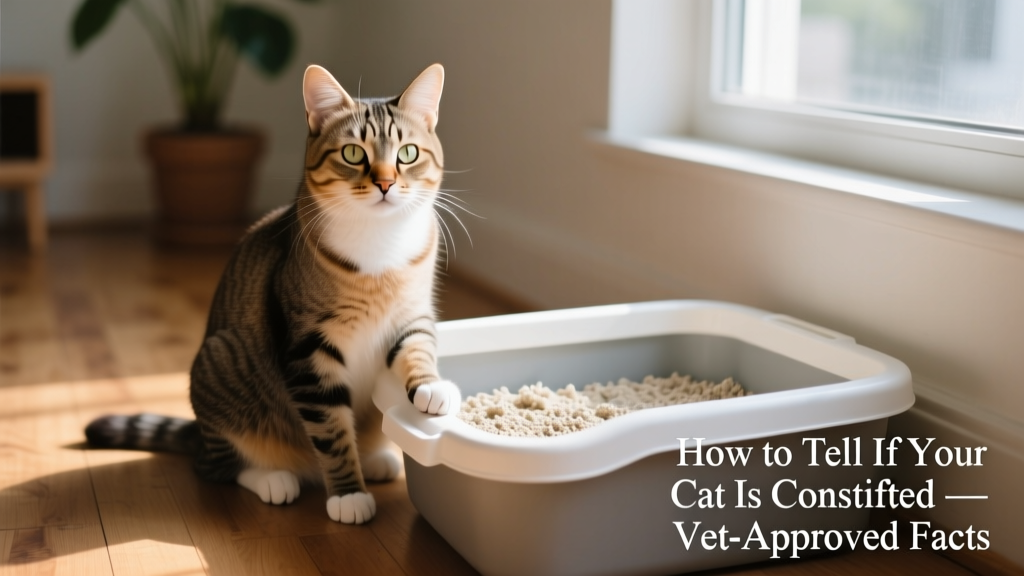 Close-up of a cat sitting beside a clean litter box, looking alert but relaxed