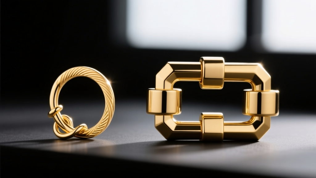 Macro comparison of a fragile 10mm spring ring clasp and a heavy-duty 18mm double-locking box clasp in polished 14k gold.