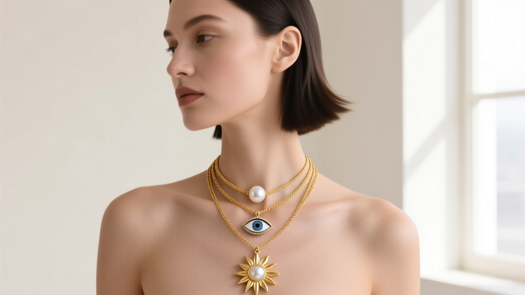 Three layered gold necklaces featuring a pearl, a medium evil eye pendant, and a sunburst medallion on a model's collarbone