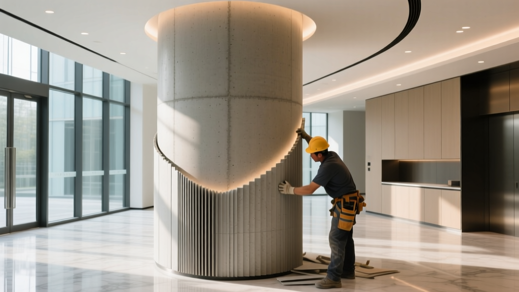 Contractor bending thin flexible concrete stone veneer around a curved interior architectural column in a modern lobby.